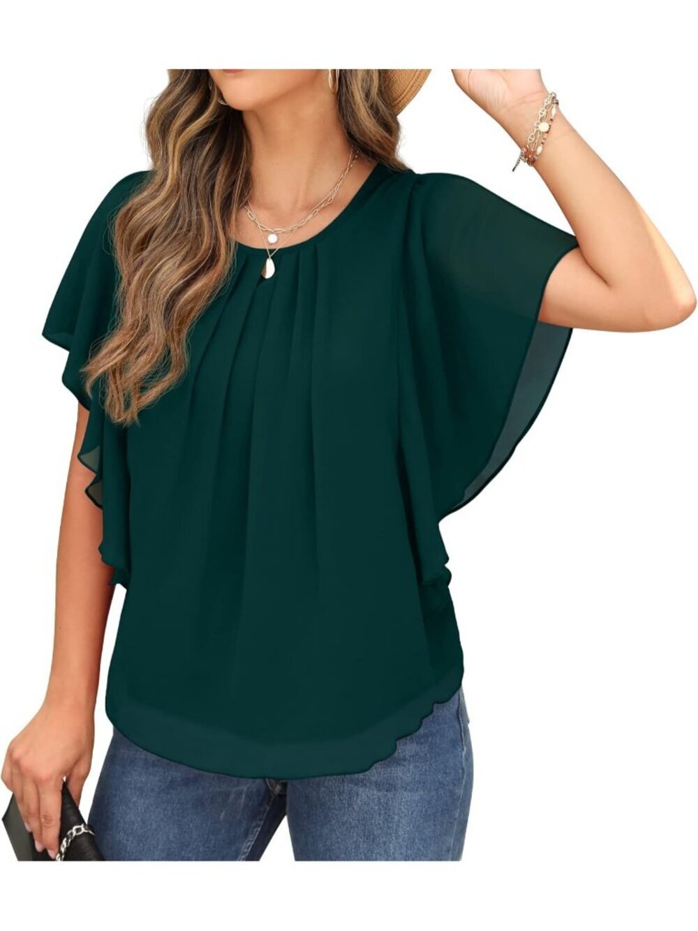 Women's Summer Casual Blouses Dark Green Loose Round Neck Chiffon Flowy Tops